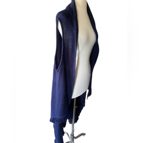 navy blue super soft long midi length fringe sweater vest sleeveless coat - Picture 1 of 5